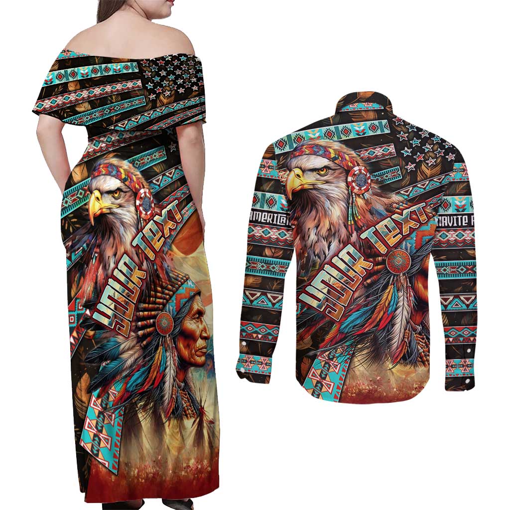 American Indian Warrior Chiefs Couples Matching Off Shoulder Maxi Dress and Long Sleeve Button Shirt - Wonder Print Shop