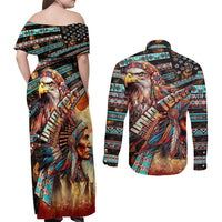American Indian Warrior Chiefs Couples Matching Off Shoulder Maxi Dress and Long Sleeve Button Shirt - Wonder Print Shop