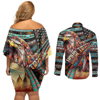 American Indian Warrior Chiefs Couples Matching Off Shoulder Short Dress and Long Sleeve Button Shirt - Wonder Print Shop