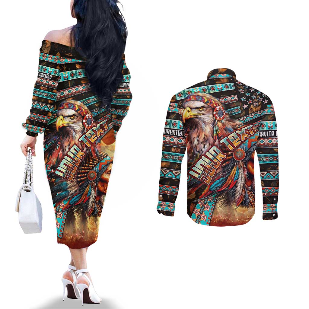 American Indian Warrior Chiefs Couples Matching Off The Shoulder Long Sleeve Dress and Long Sleeve Button Shirt
