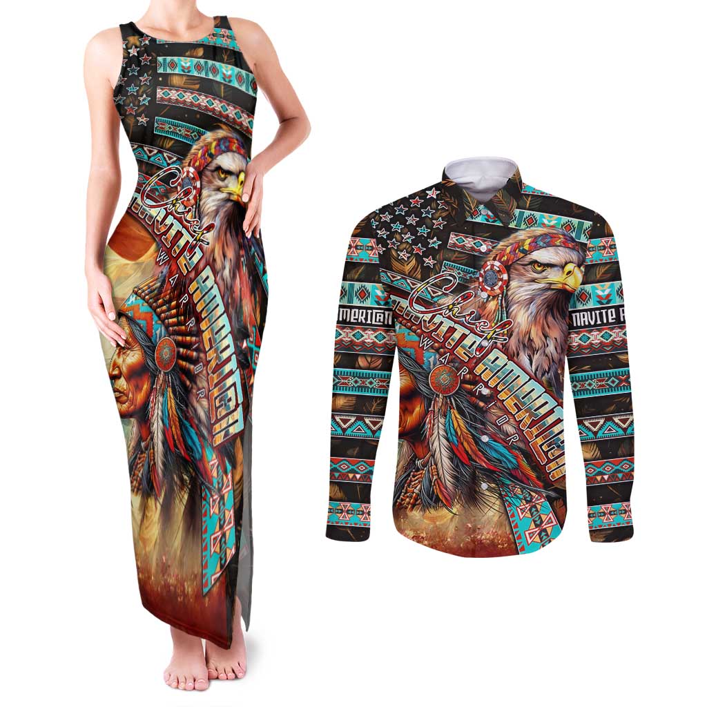 American Indian Warrior Chiefs Couples Matching Tank Maxi Dress and Long Sleeve Button Shirt - Wonder Print Shop