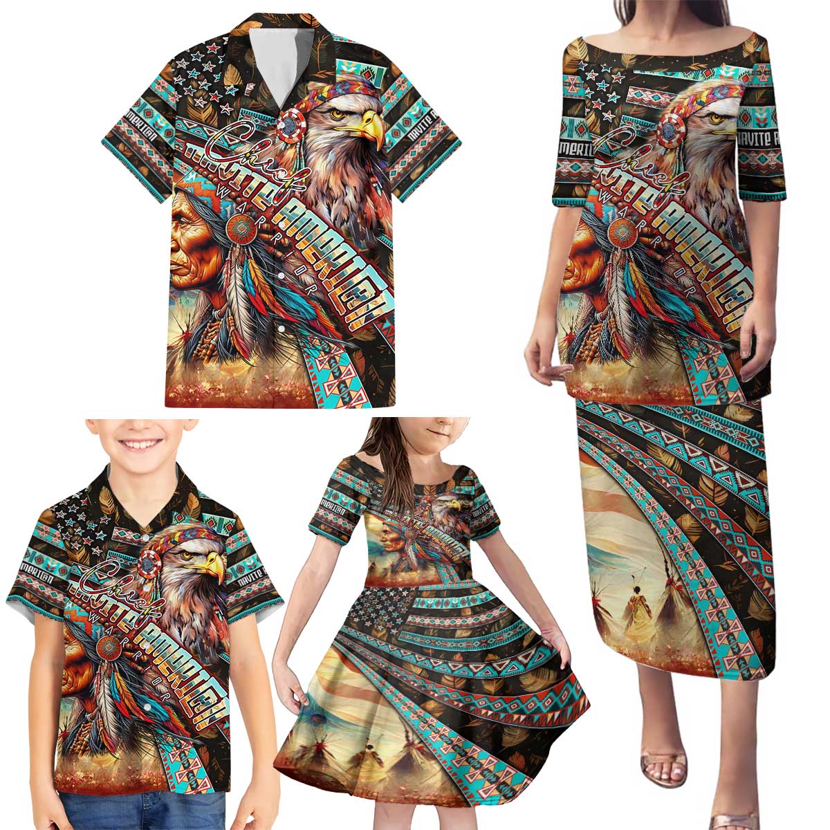 American Indian Warrior Chiefs Family Matching Puletasi and Hawaiian Shirt - Wonder Print Shop