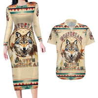Native American Wolf Dreamcatcher Couples Matching Long Sleeve Bodycon Dress and Hawaiian Shirt Vintage Style - Wonder Print Shop