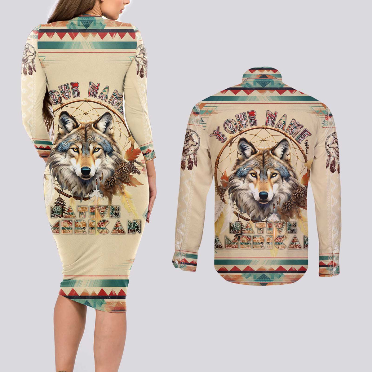 Native American Wolf Dreamcatcher Couples Matching Long Sleeve Bodycon Dress and Long Sleeve Button Shirt Vintage Style - Wonder Print Shop
