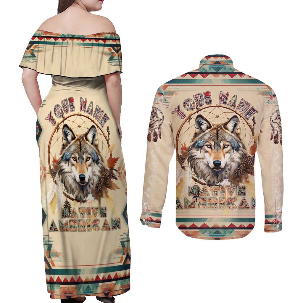Native American Wolf Dreamcatcher Couples Matching Off Shoulder Maxi Dress and Long Sleeve Button Shirt Vintage Style - Wonder Print Shop