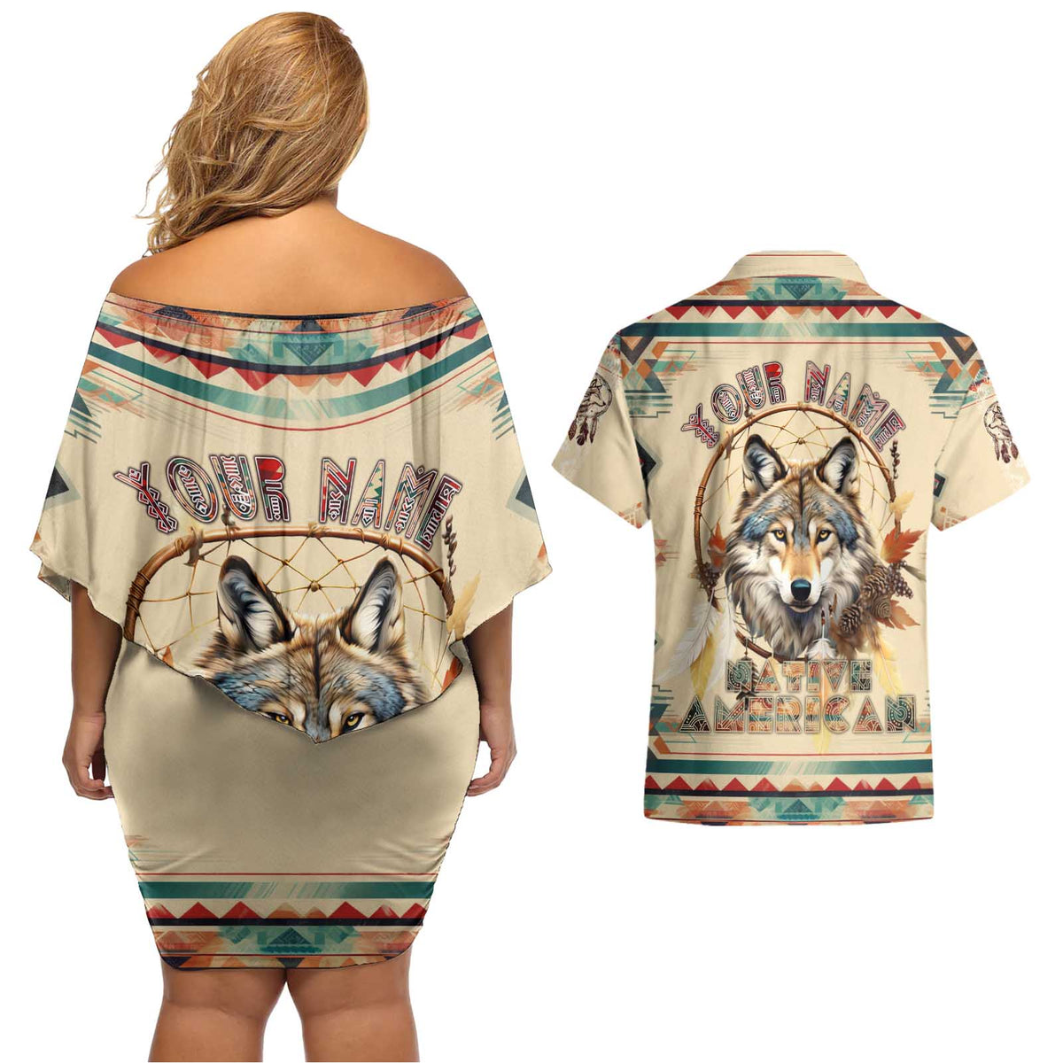 Native American Wolf Dreamcatcher Couples Matching Off Shoulder Short Dress and Hawaiian Shirt Vintage Style - Wonder Print Shop