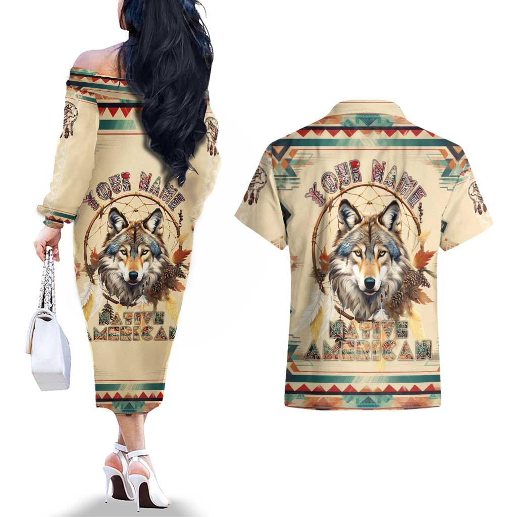 Native American Wolf Dreamcatcher Couples Matching Off The Shoulder Long Sleeve Dress and Hawaiian Shirt Vintage Style - Wonder Print Shop