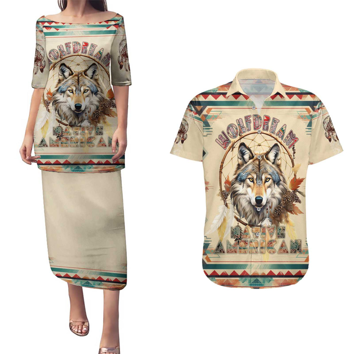 Native American Wolf Dreamcatcher Couples Matching Puletasi and Hawaiian Shirt Vintage Style - Wonder Print Shop