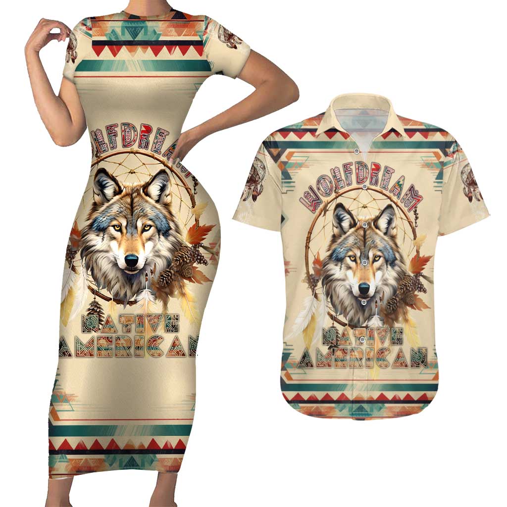 Native American Wolf Dreamcatcher Couples Matching Short Sleeve Bodycon Dress and Hawaiian Shirt Vintage Style - Wonder Print Shop