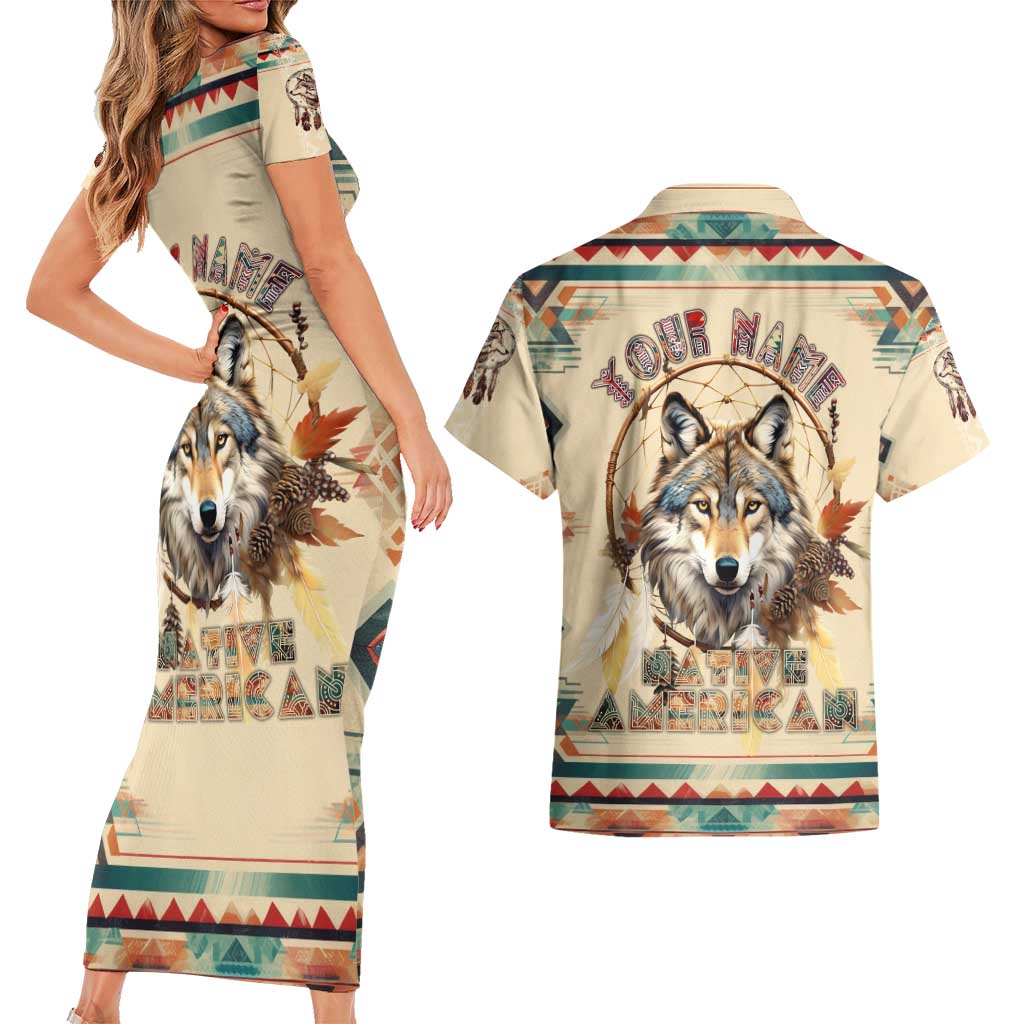 Native American Wolf Dreamcatcher Couples Matching Short Sleeve Bodycon Dress and Hawaiian Shirt Vintage Style - Wonder Print Shop