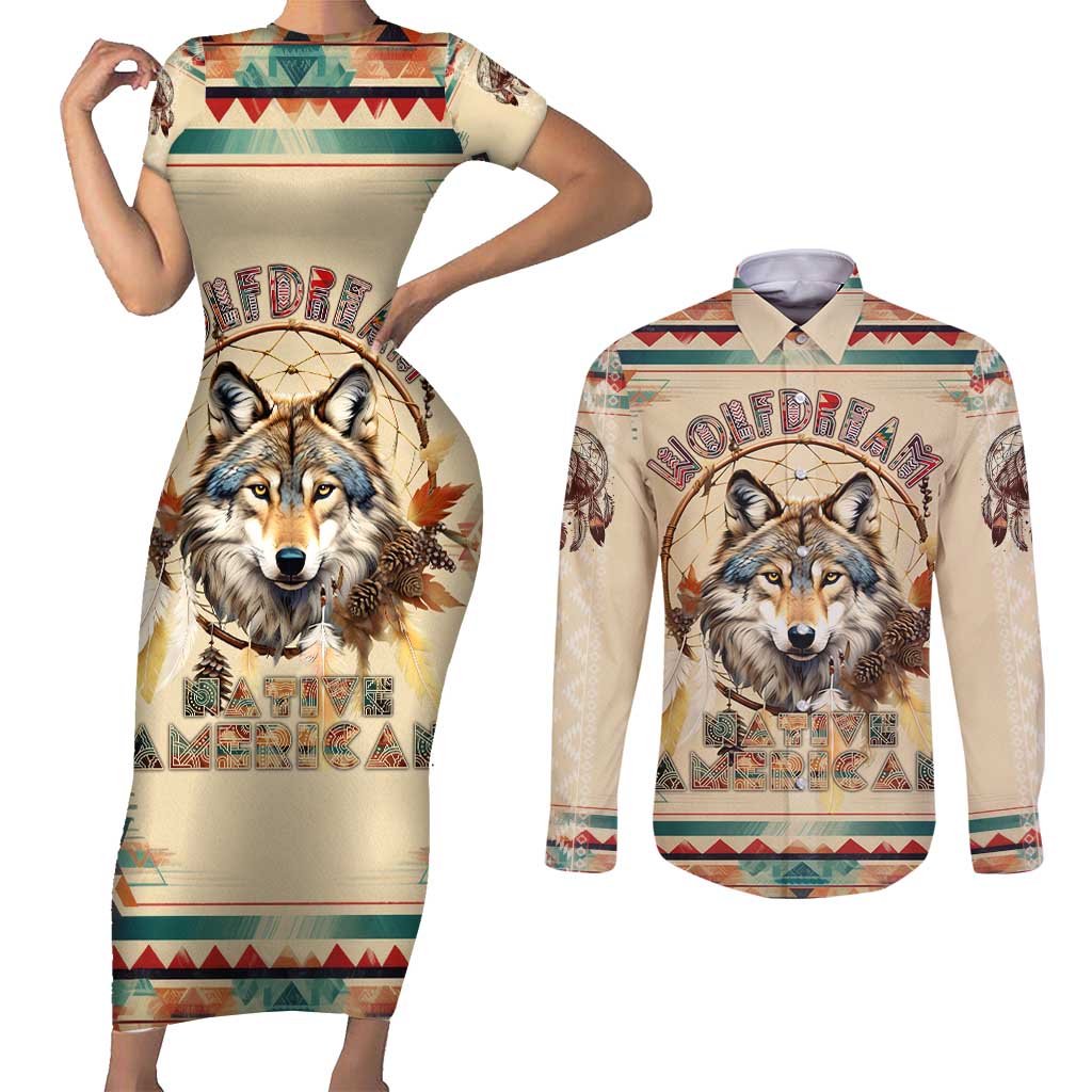 Native American Wolf Dreamcatcher Couples Matching Short Sleeve Bodycon Dress and Long Sleeve Button Shirt Vintage Style - Wonder Print Shop