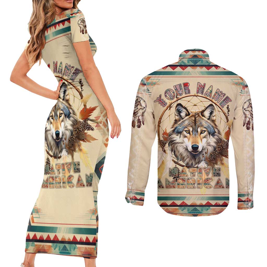 Native American Wolf Dreamcatcher Couples Matching Short Sleeve Bodycon Dress and Long Sleeve Button Shirt Vintage Style - Wonder Print Shop