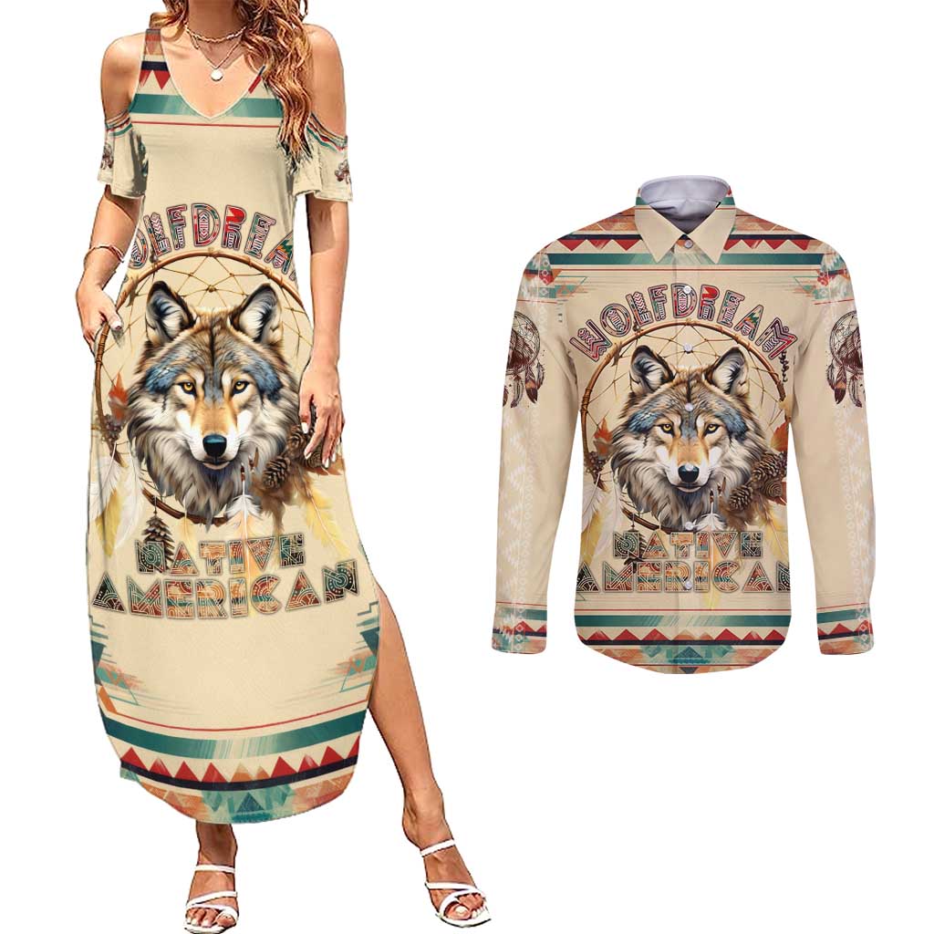 Native American Wolf Dreamcatcher Couples Matching Summer Maxi Dress and Long Sleeve Button Shirt Vintage Style - Wonder Print Shop