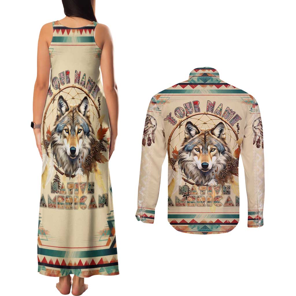 Native American Wolf Dreamcatcher Couples Matching Tank Maxi Dress and Long Sleeve Button Shirt Vintage Style - Wonder Print Shop