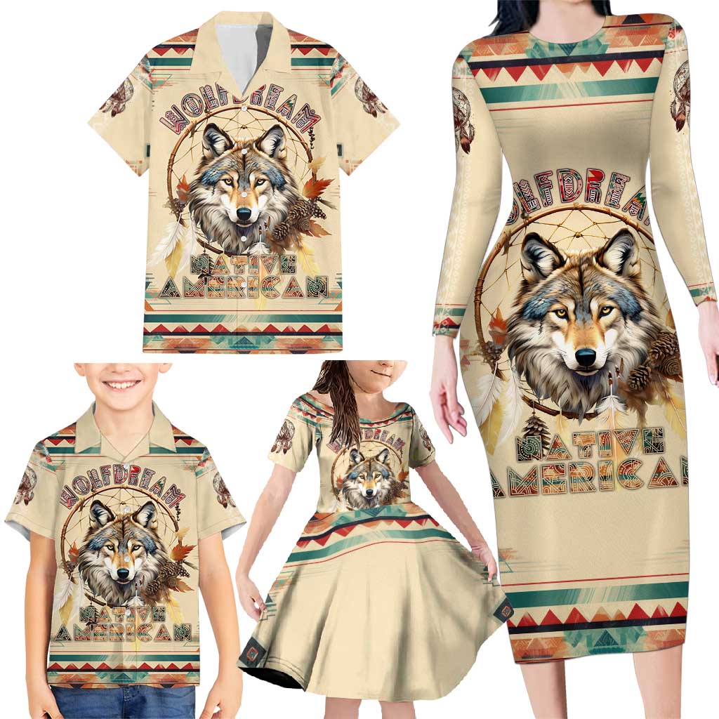 Native American Wolf Dreamcatcher Family Matching Long Sleeve Bodycon Dress and Hawaiian Shirt Vintage Style - Wonder Print Shop