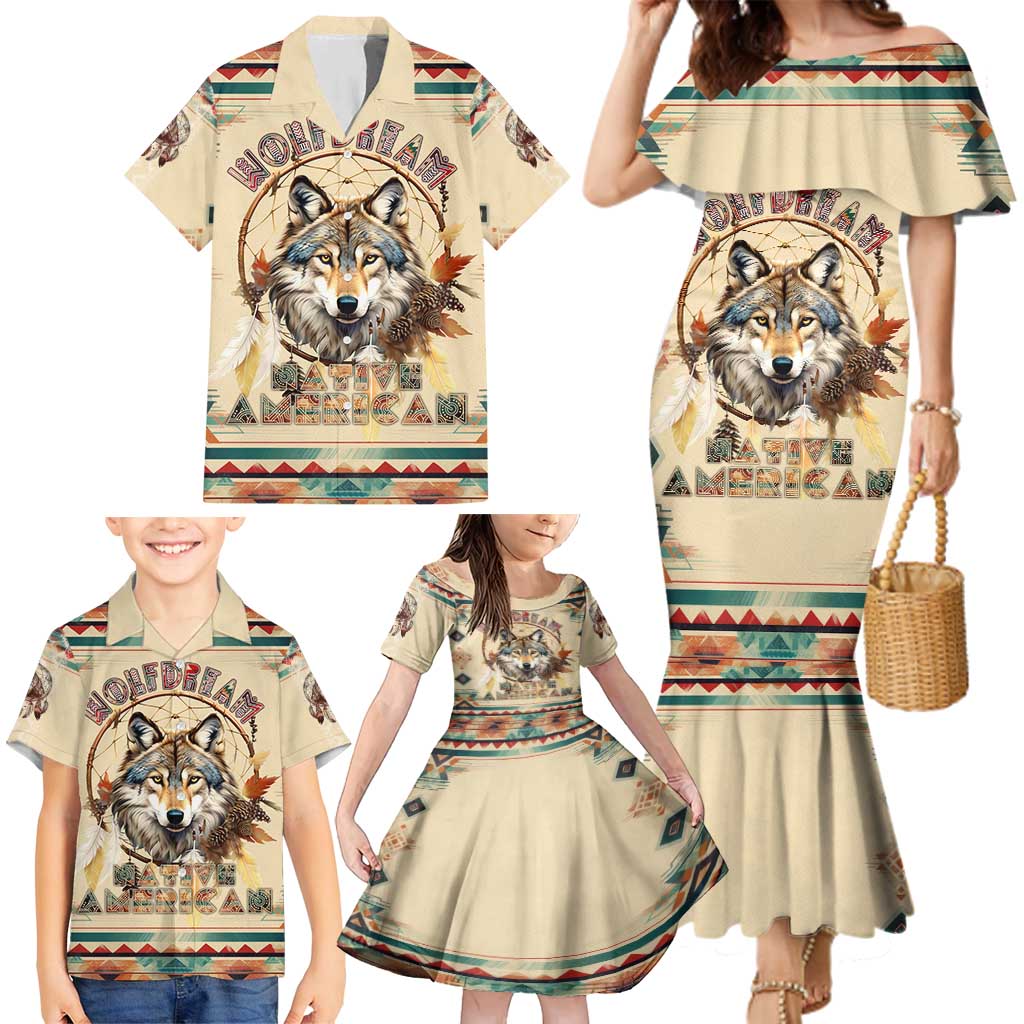 Native American Wolf Dreamcatcher Family Matching Mermaid Dress and Hawaiian Shirt Vintage Style - Wonder Print Shop