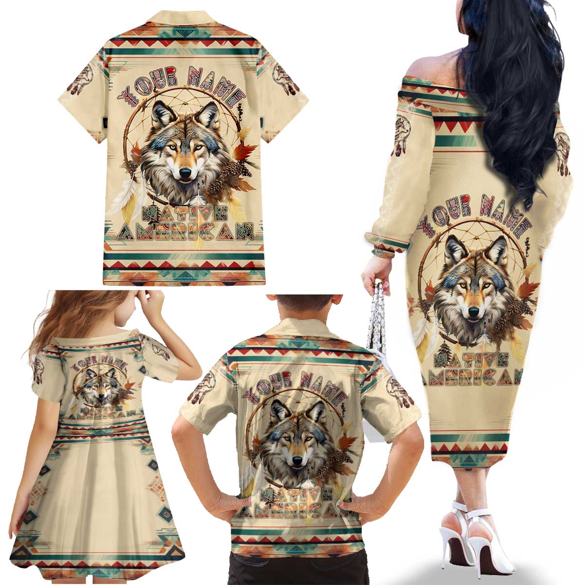 Native American Wolf Dreamcatcher Family Matching Off The Shoulder Long Sleeve Dress and Hawaiian Shirt Vintage Style - Wonder Print Shop