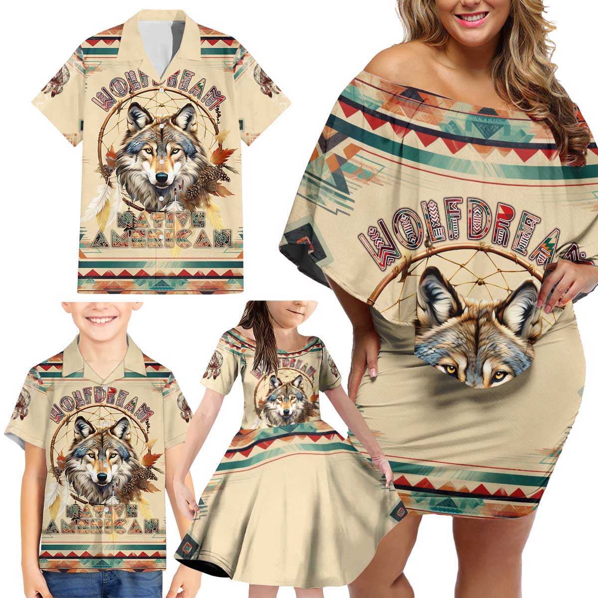 Native American Wolf Dreamcatcher Family Matching Off Shoulder Short Dress and Hawaiian Shirt Vintage Style - Wonder Print Shop