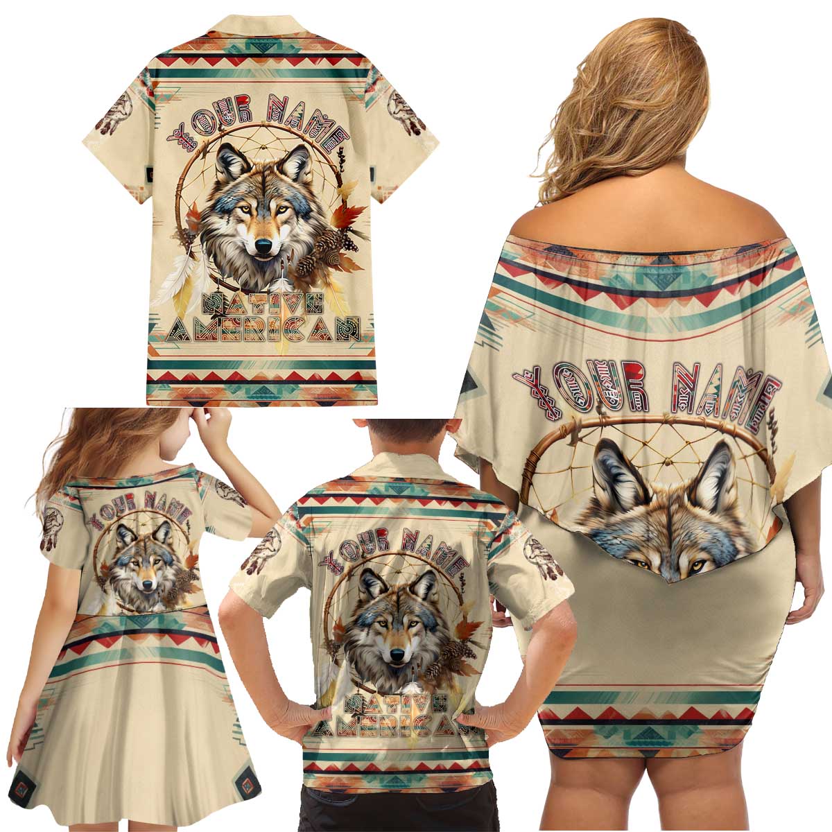 Native American Wolf Dreamcatcher Family Matching Off Shoulder Short Dress and Hawaiian Shirt Vintage Style - Wonder Print Shop