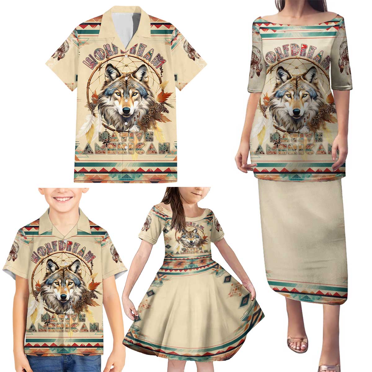 Native American Wolf Dreamcatcher Family Matching Puletasi and Hawaiian Shirt Vintage Style - Wonder Print Shop