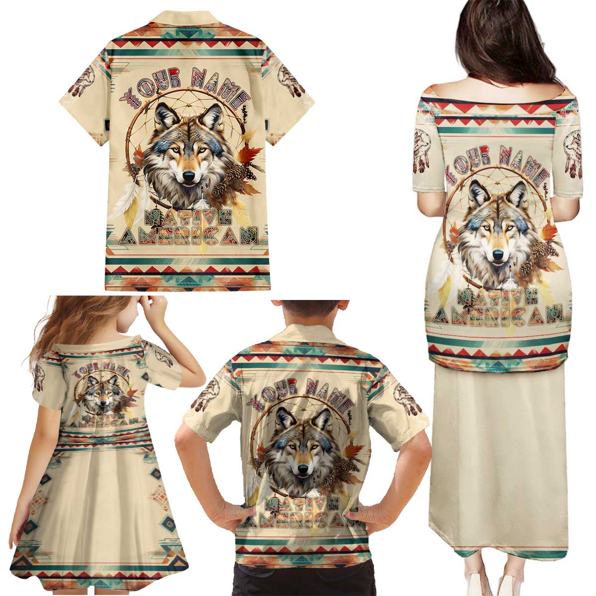 Native American Wolf Dreamcatcher Family Matching Puletasi and Hawaiian Shirt Vintage Style - Wonder Print Shop