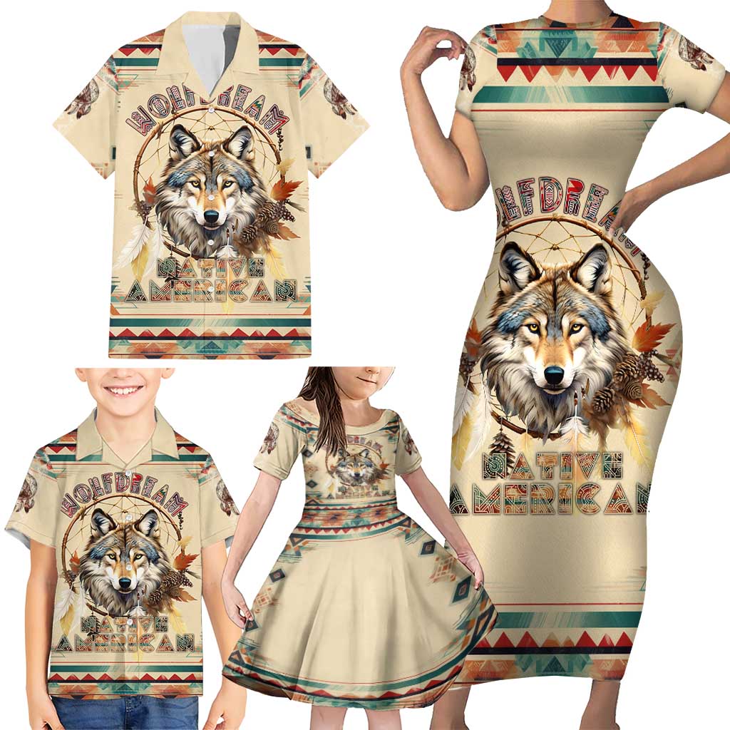 Native American Wolf Dreamcatcher Family Matching Short Sleeve Bodycon Dress and Hawaiian Shirt Vintage Style - Wonder Print Shop