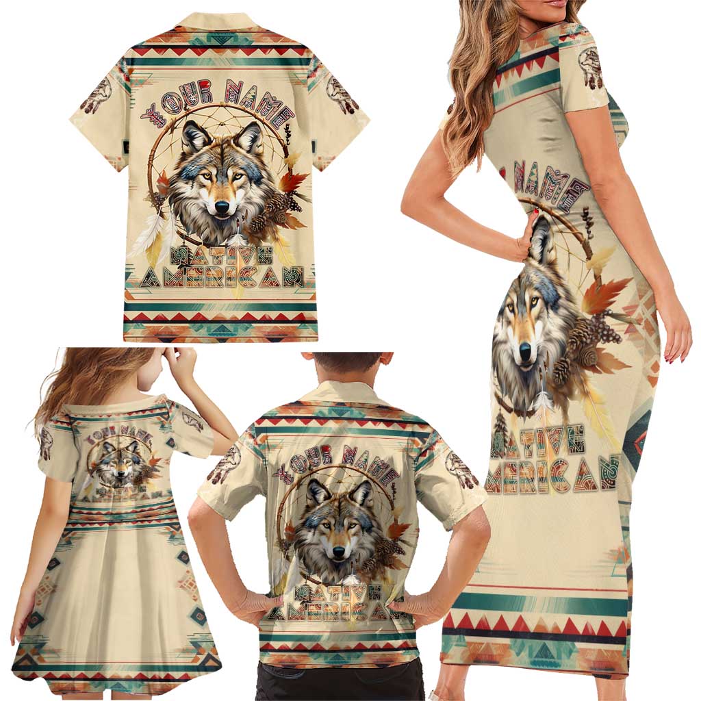Native American Wolf Dreamcatcher Family Matching Short Sleeve Bodycon Dress and Hawaiian Shirt Vintage Style - Wonder Print Shop