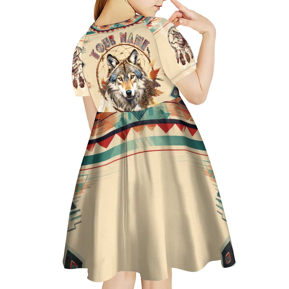 Native American Wolf Dreamcatcher Kid Short Sleeve Dress Vintage Style - Wonder Print Shop