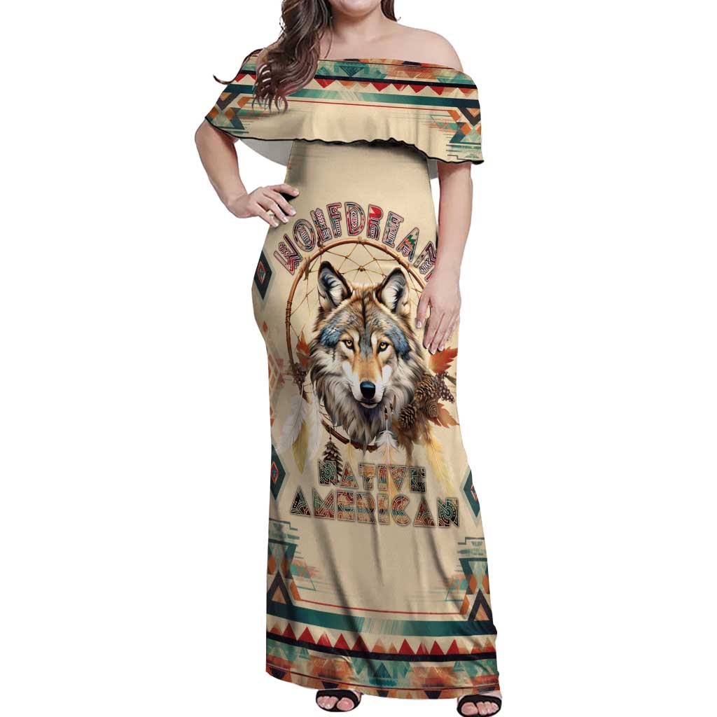 Native American Wolf Dreamcatcher Off Shoulder Maxi Dress Vintage Style - Wonder Print Shop