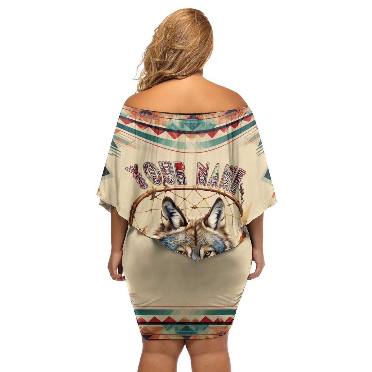 Native American Wolf Dreamcatcher Off Shoulder Short Dress Vintage Style - Wonder Print Shop