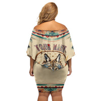 Native American Wolf Dreamcatcher Off Shoulder Short Dress Vintage Style - Wonder Print Shop