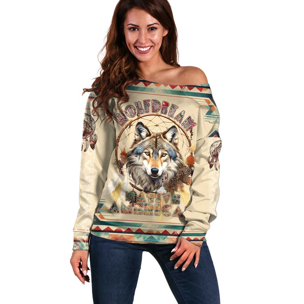 Native American Wolf Dreamcatcher Off Shoulder Sweater Vintage Style - Wonder Print Shop
