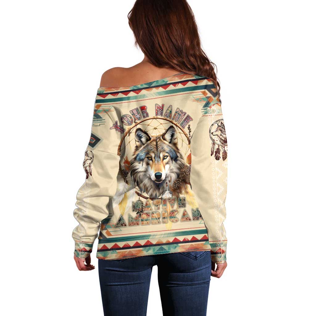 Native American Wolf Dreamcatcher Off Shoulder Sweater Vintage Style - Wonder Print Shop