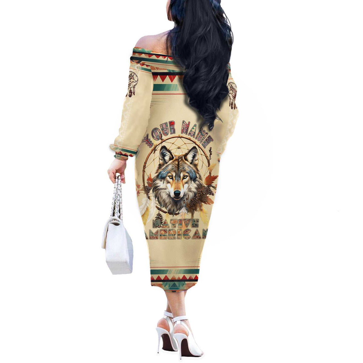 Native American Wolf Dreamcatcher Off The Shoulder Long Sleeve Dress Vintage Style - Wonder Print Shop