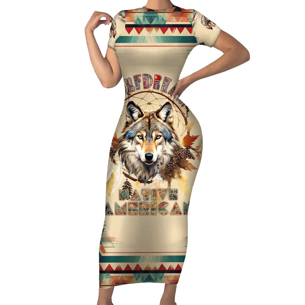 Native American Wolf Dreamcatcher Short Sleeve Bodycon Dress Vintage Style - Wonder Print Shop