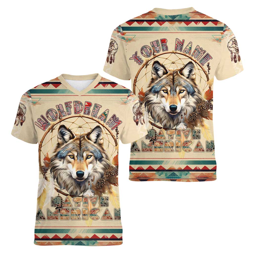 Native American Wolf Dreamcatcher Women V-Neck T-Shirt Vintage Style - Wonder Print Shop