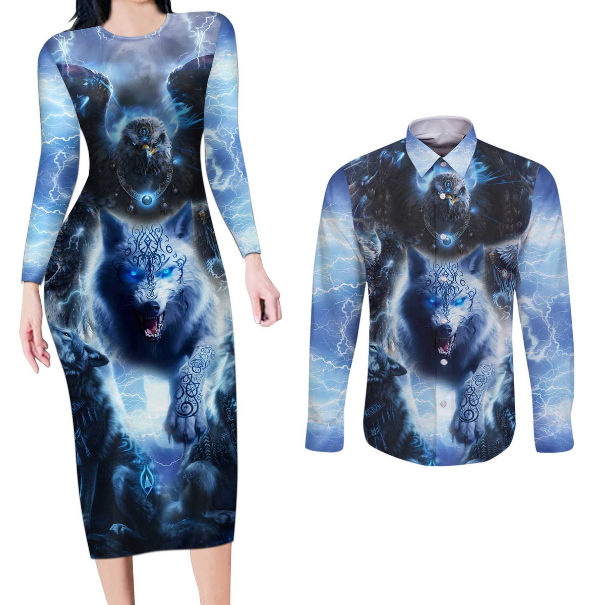 Native American Wolf And Eagle Couples Matching Long Sleeve Bodycon Dress and Long Sleeve Button Shirt Thunder Style - Wonder Print Shop