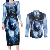 Native American Wolf And Eagle Couples Matching Long Sleeve Bodycon Dress and Long Sleeve Button Shirt Thunder Style - Wonder Print Shop