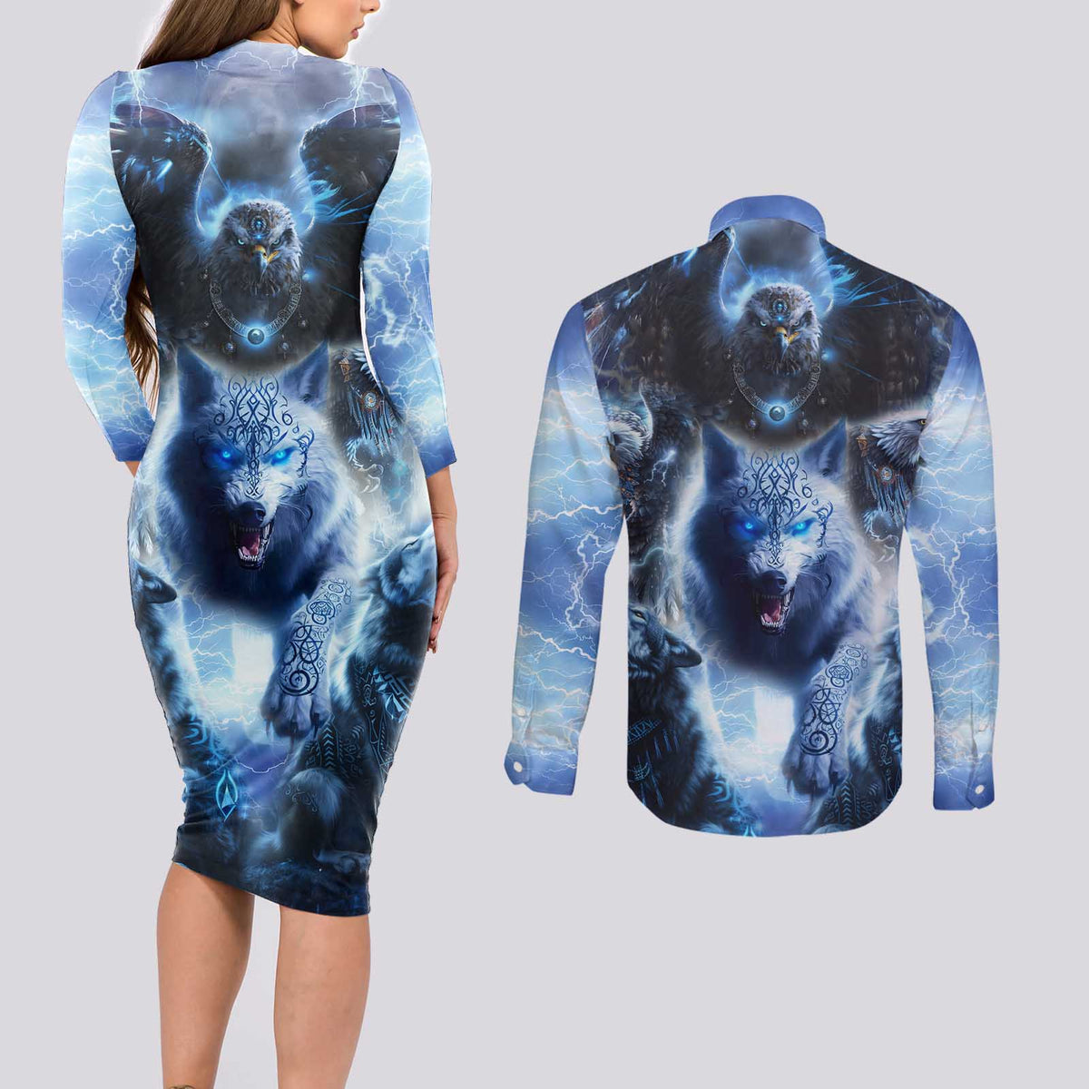Native American Wolf And Eagle Couples Matching Long Sleeve Bodycon Dress and Long Sleeve Button Shirt Thunder Style - Wonder Print Shop