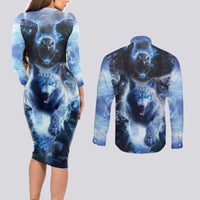 Native American Wolf And Eagle Couples Matching Long Sleeve Bodycon Dress and Long Sleeve Button Shirt Thunder Style - Wonder Print Shop