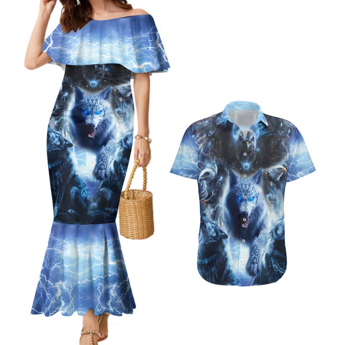 Native American Wolf And Eagle Couples Matching Mermaid Dress and Hawaiian Shirt Thunder Style - Wonder Print Shop
