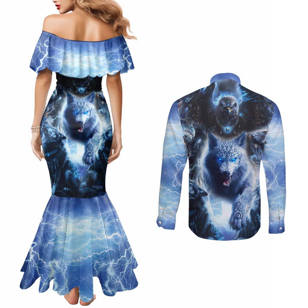 Native American Wolf And Eagle Couples Matching Mermaid Dress and Long Sleeve Button Shirt Thunder Style