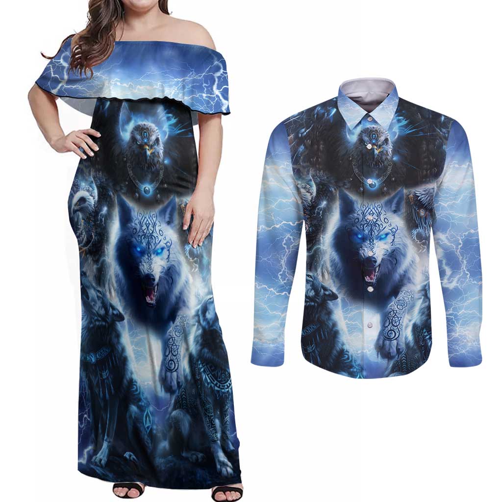 Native American Wolf And Eagle Couples Matching Off Shoulder Maxi Dress and Long Sleeve Button Shirt Thunder Style - Wonder Print Shop