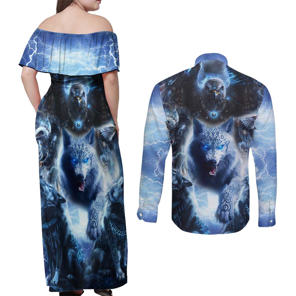 Native American Wolf And Eagle Couples Matching Off Shoulder Maxi Dress and Long Sleeve Button Shirt Thunder Style - Wonder Print Shop