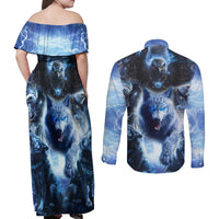 Native American Wolf And Eagle Couples Matching Off Shoulder Maxi Dress and Long Sleeve Button Shirt Thunder Style - Wonder Print Shop