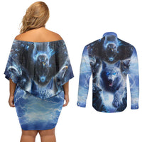 Native American Wolf And Eagle Couples Matching Off Shoulder Short Dress and Long Sleeve Button Shirt Thunder Style - Wonder Print Shop