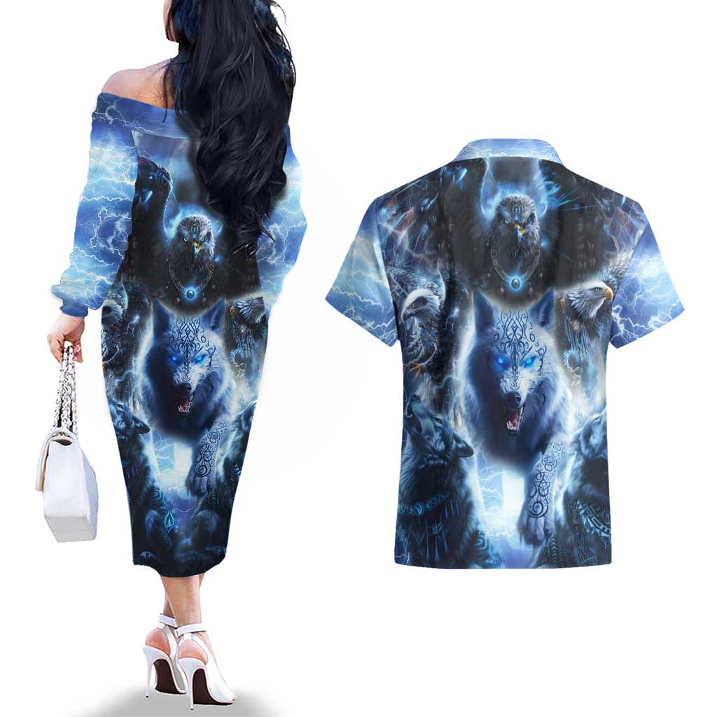Native American Wolf And Eagle Couples Matching Off The Shoulder Long Sleeve Dress and Hawaiian Shirt Thunder Style - Wonder Print Shop