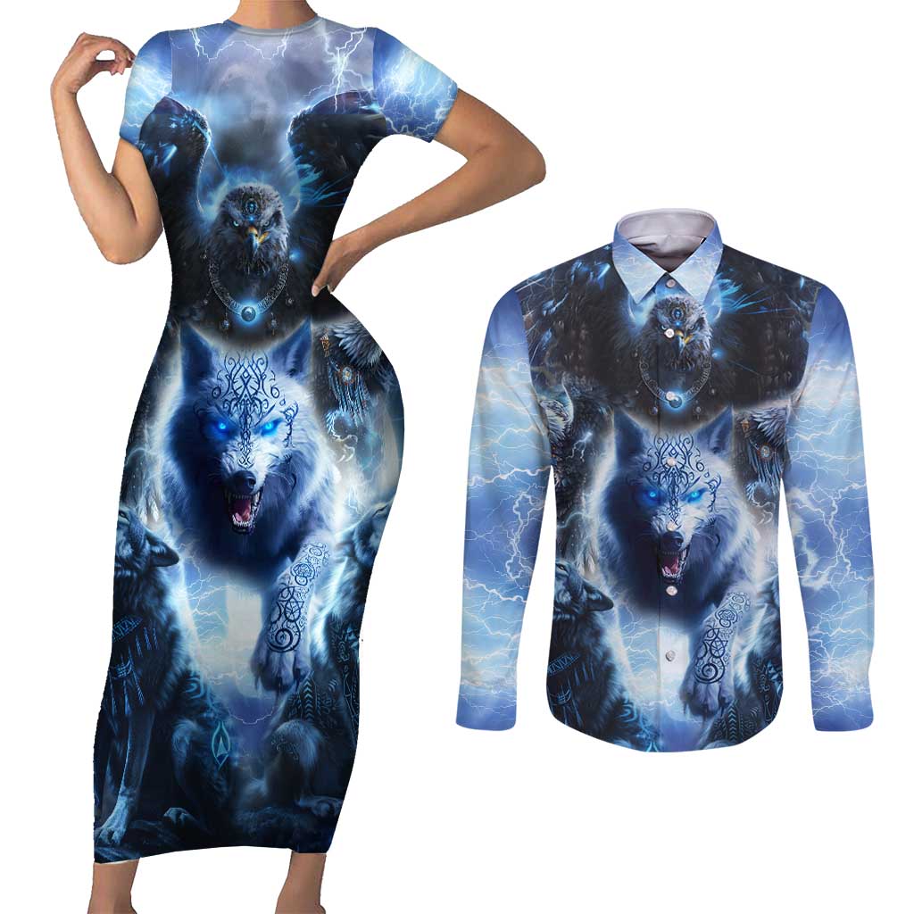 Native American Wolf And Eagle Couples Matching Short Sleeve Bodycon Dress and Long Sleeve Button Shirt Thunder Style - Wonder Print Shop
