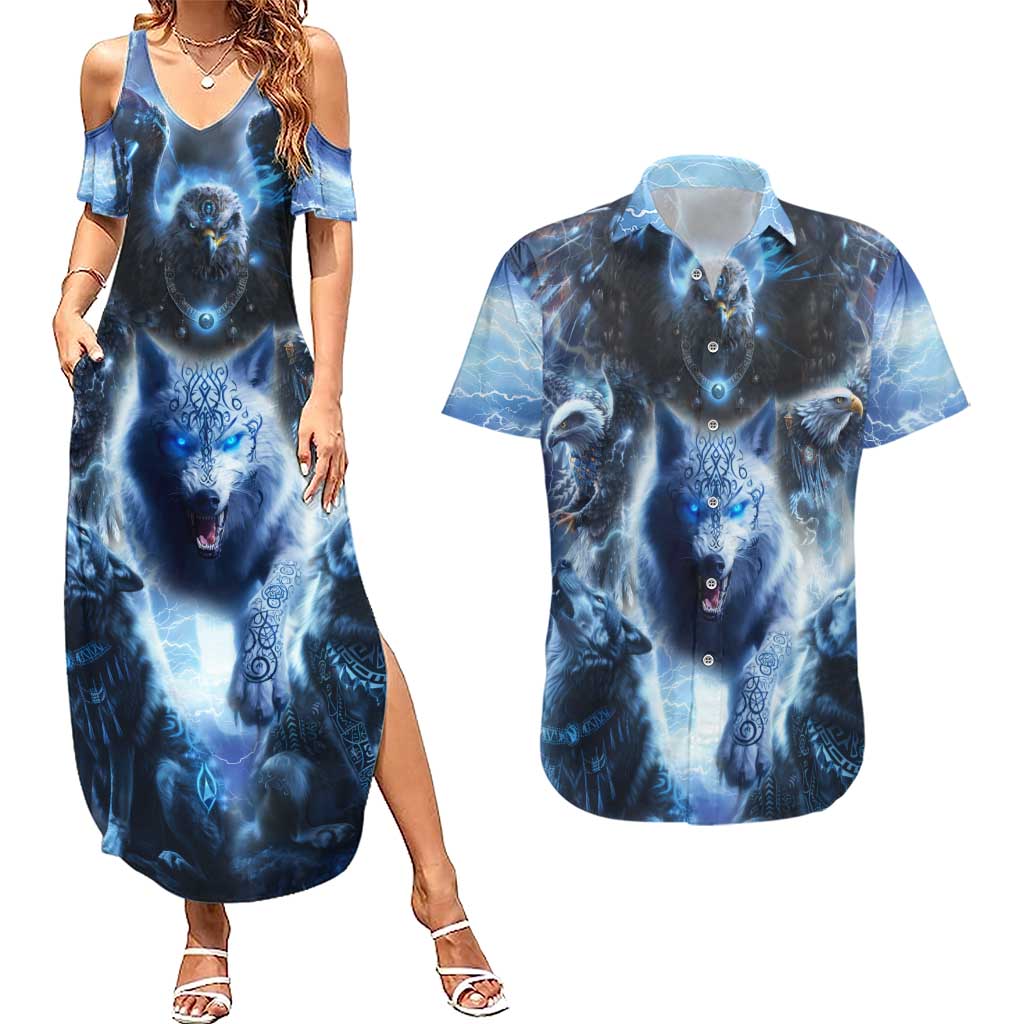 Native American Wolf And Eagle Couples Matching Summer Maxi Dress and Hawaiian Shirt Thunder Style - Wonder Print Shop