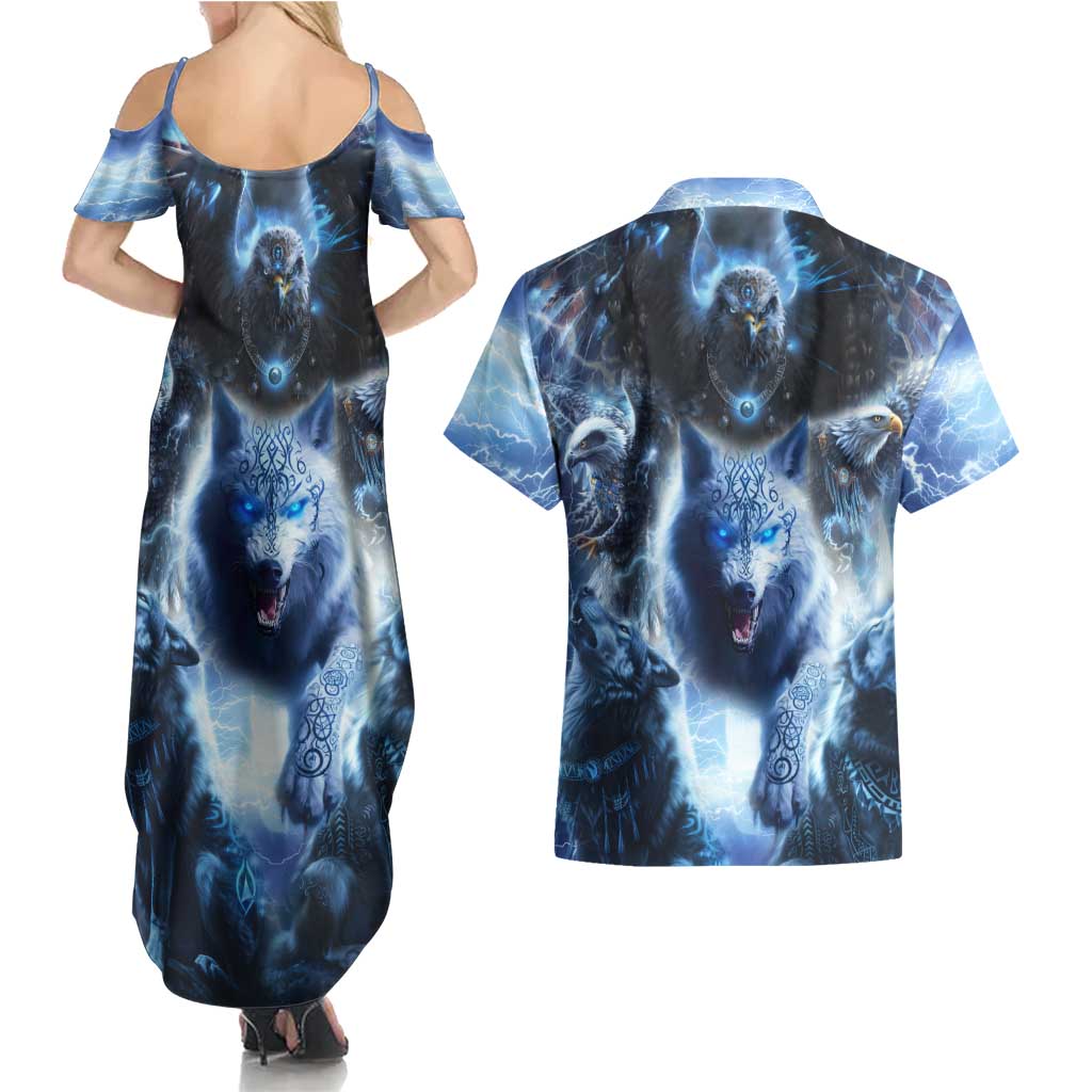 Native American Wolf And Eagle Couples Matching Summer Maxi Dress and Hawaiian Shirt Thunder Style - Wonder Print Shop